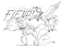 Size: 1400x1096 | Tagged: safe, artist:baron engel, princess celestia, princess luna, g4, dialogue, floppy ears, flying, grayscale, monochrome, open mouth, pencil drawing, pointing, simple background, spread wings, story included, traditional art, traditional royal canterlot voice, walking, white background, wide eyes, windswept mane