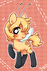 Size: 428x643 | Tagged: safe, artist:paichitaron, oc, oc only, oc:tsubaki, bee, bee pony, original species, blushing, clothes, male, socks, solo, stockings, thigh highs