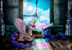 Size: 1000x697 | Tagged: safe, artist:demiom, princess celestia, princess luna, alicorn, pony, friendship is magic, g4, castle of the royal pony sisters, cheek fluff, cloud, duo, lens flare, lidded eyes, looking back, prone, s1 luna, scene interpretation, sky, smiling, spread wings