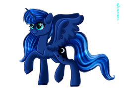 Size: 900x653 | Tagged: safe, artist:demiom, princess luna, g4, female, raised hoof, simple background, solo, spread wings