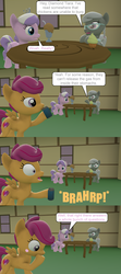 Size: 1920x4320 | Tagged: safe, artist:red4567, diamond tiara, scootaloo, silver spoon, g4, 3d, blushing, burp, comic, cupcake, cutie mark, fact, food, funny, high res, milkshake, scootaloo is not a chicken, soda, source filmmaker, the cmc's cutie marks