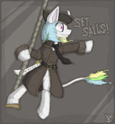 Size: 1565x1682 | Tagged: safe, artist:yahmos, oc, oc only, oc:tie, pony, unicorn, clothes, crazy face, faic, female, pirate, saber, solo, weapon