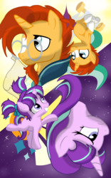 Size: 1200x1920 | Tagged: safe, artist:theroyalprincesses, starlight glimmer, sunburst, pony, unicorn, g4, colt, colt sunburst, cute, duo, facial hair, female, filly, filly starlight glimmer, friends, glasses, glimmerbetes, goatee, looking up, male, mare, pigtails, raised hoof, raised leg, sad, sitting, smiling, stallion, stars, upside down, younger