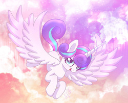 Size: 2230x1800 | Tagged: safe, artist:joakaha, princess flurry heart, g4, cloud, cute, female, flurrybetes, flying, large wings, looking at you, older, older flurry heart, open mouth, solo, spread wings, wings