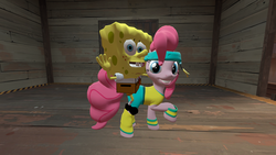 Size: 1280x720 | Tagged: artist needed, source needed, safe, pinkie pie, earth pony, pony, g4, 3d, 3d model, cute, duo, looking at you, riding, smiling, smiling at you, source filmmaker, spongebob squarepants