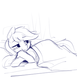 Size: 1280x1280 | Tagged: safe, artist:dimfann, applejack, g4, bed, blanket, female, hatless, missing accessory, monochrome, morning ponies, simple background, smiling, solo, white background