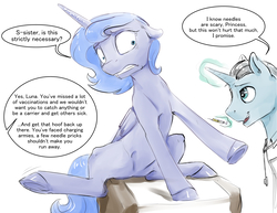 Size: 1925x1488 | Tagged: safe, artist:silfoe, princess luna, oc, alicorn, pony, unicorn, royal sketchbook, g4, dialogue, discussion in the comments, doctor, ears back, female, gritted teeth, implied princess celestia, male, mare, offscreen character, on the moon for too long, open mouth, s1 luna, scared, simple background, smiling, speech bubble, stallion, syringe, trypanophobia, underhoof, vaccination, white background, wide eyes
