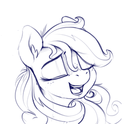 Size: 1280x1280 | Tagged: safe, artist:dimfann, applejack, earth pony, pony, g4, alternate hairstyle, eyes closed, female, hatless, missing accessory, monochrome, open mouth, simple background, smiling, solo, white background