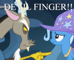Size: 604x496 | Tagged: safe, edit, edited screencap, screencap, discord, trixie, pony, unicorn, g4, to where and back again, animated, cropped, gif, image macro, loop, meme, poking, stupid! (tv show), talking, trixie's hat