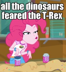 Size: 460x507 | Tagged: safe, edit, edited screencap, screencap, pinkie pie, dinosaur, tyrannosaurus rex, equestria girls, g4, legend of everfree - bloopers, my little pony equestria girls: legend of everfree, blooper, deadpool, duckface, female, great moments in animation, image macro, meme, o-face, pinkiesaurous rex, solo