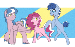 Size: 3188x1990 | Tagged: safe, artist:marukouhai, oc, oc only, oc:dizzy head, oc:lucky treat, oc:okey, earth pony, pegasus, pony, unicorn, female, male, mare, offspring, parent:pinkie pie, parent:pokey pierce, parents:pokeypie, silly, stallion, tongue out