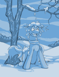 Size: 1020x1320 | Tagged: safe, artist:kiramoses, oc, oc only, oc:corduroy road, earth pony, pony, bare tree, blue, clothes, cold, gritted teeth, male, scarf, sitting, snow, snowfall, solo, stallion, teeth, tree, winter