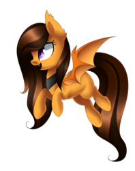 Size: 2194x2768 | Tagged: safe, artist:scarlet-spectrum, oc, oc only, oc:foxaura, bat pony, pony, brown mane, commission, female, flying, high res, mare, open mouth, purple eyes, raised hoof, simple background, slit pupils, smiling, solo, transparent background