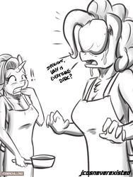 Size: 1200x1600 | Tagged: safe, artist:jcosneverexisted, pinkie pie, starlight glimmer, anthro, g4, 30 minute art challenge, apron, chest fluff, clothes, cooking, dialogue, exclamation point, grayscale, gritted teeth, monochrome, open mouth, pan