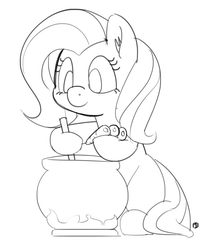 Size: 1280x1563 | Tagged: safe, artist:pabbley, fluttershy, pony, g4, 30 minute art challenge, carrot, cauldron, female, food, grayscale, hoof hold, monochrome, simple background, sitting, sketch, solo, white background