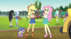 Size: 763x420 | Tagged: safe, screencap, applejack, fluttershy, octavia melody, paisley, spike, spike the regular dog, trixie, dog, equestria girls, g4, my little pony equestria girls: legend of everfree, boots, camp everfree outfits, clothes, cowboy boots, shoes, shorts, socks