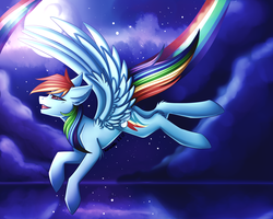 Size: 2500x2000 | Tagged: safe, artist:kurochhi, rainbow dash, pony, g4, cloud, female, flying, high res, moon, night, rainbow trail, solo, water