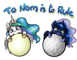 Size: 3024x2345 | Tagged: safe, artist:gaelledragons, princess celestia, princess luna, pony, g4, :3, chibi, cute, cutelestia, edible heavenly object, high res, lunabetes, moon, nom, simple background, sun, tangible heavenly object, transparent background
