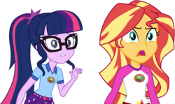 Size: 5051x3001 | Tagged: safe, artist:cloudy glow, sci-twi, sunset shimmer, twilight sparkle, equestria girls, g4, my little pony equestria girls: legend of everfree, .ai available, clothes, glasses, high res, open mouth, simple background, transparent background, vector