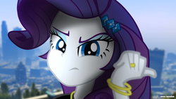 Size: 3840x2160 | Tagged: safe, artist:bastbrushie, rarity, equestria girls, g4, angry, city, close-up, clothes, female, grand theft auto, high res, looking at you, solo