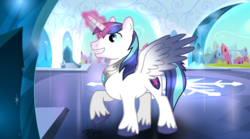 Size: 1440x803 | Tagged: safe, artist:gallantserver, artist:osipush, shining armor, alicorn, pony, g4, alicornified, colored hooves, colored wings, crystal empire, gradient wings, magic, magic aura, male, male alicorn, peytral, prince shining armor, race swap, raised hoof, shiningcorn, solo, spread wings, stallion, wings