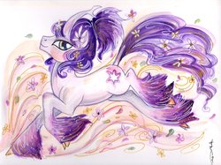 Size: 2048x1533 | Tagged: safe, artist:sara richard, tree of harmony, oc, oc only, oc:harmony (heilos), classical unicorn, pony, cloven hooves, curved horn, flower, flower in hair, fluffy, horn, leonine tail, lidded eyes, looking at you, ponified, raised hoof, running, smiling, solo, traditional art, unshorn fetlocks