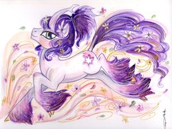 Size: 2048x1533 | Tagged: safe, artist:sara richard, tree of harmony, oc, oc only, oc:harmony (heilos), classical unicorn, pony, g4, cloven hooves, curved horn, flower, flower in hair, fluffy, horn, leonine tail, lidded eyes, looking at you, ponified, raised hoof, running, smiling, solo, traditional art, unshorn fetlocks