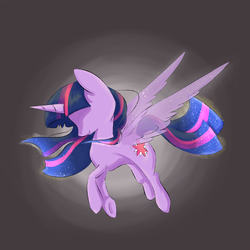 Size: 1500x1500 | Tagged: safe, artist:friendlyraccoon, twilight sparkle, alicorn, pony, g4, female, flying, gradient background, minimalist, solo, twilight sparkle (alicorn)