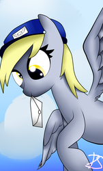 Size: 2200x3640 | Tagged: safe, artist:lyres-art, derpy hooves, pegasus, pony, g4, female, hat, high res, letter, mail, mailmare, mailmare hat, mouth hold, solo