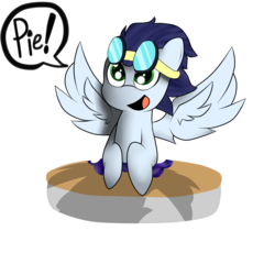 Size: 1024x1024 | Tagged: dead source, safe, artist:lyres-art, soarin', pegasus, pony, g4, bust, food, goggles, male, pie, simple background, smiling, solo, speech bubble, that pony sure does love pies, white background