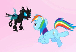 Size: 694x475 | Tagged: safe, screencap, rainbow dash, changeling, do princesses dream of magic sheep, g4, animated, dream, flying, frown, gif, glare, kick, kicking, open mouth, smiling, spread wings, underhoof
