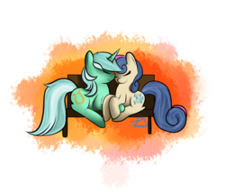 Size: 3500x3000 | Tagged: safe, artist:lyres-art, bon bon, lyra heartstrings, sweetie drops, earth pony, pony, unicorn, g4, abstract background, bench, eyes closed, female, high res, lesbian, ship:lyrabon, shipping, smiling