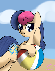 Size: 2500x3200 | Tagged: safe, artist:lyres-art, bon bon, sweetie drops, earth pony, pony, g4, beach, beach ball, female, high res, looking at you, solo
