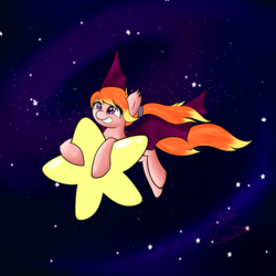 Size: 1024x1024 | Tagged: safe, artist:lyres-art, oc, oc only, bat pony, pony, female, grin, smiling, solo, space, starry eyes, stars, tangible heavenly object, wingding eyes