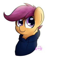 Size: 2500x2500 | Tagged: safe, artist:lyres-art, scootaloo, pegasus, pony, g4, bust, clothes, female, high res, hoodie, portrait, simple background, smiling, solo, transparent background