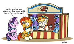 Size: 2953x1748 | Tagged: safe, artist:bobthedalek, peachy pitt, starlight glimmer, sunburst, trixie, pony, unicorn, g4, boater, clothes, coconut, coconut shy, crossed hooves, dialogue, female, food, looking at each other, mare, open mouth, plushie, scarf, simple background, sitting, stall, unamused, white background