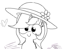 Size: 265x207 | Tagged: safe, artist:wafflecakes, lyra heartstrings, pony, unicorn, g4, cute, female, flower, hat, heart, looking at you, monochrome, simple background, smiling, solo, white background