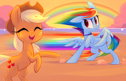 Size: 5100x3300 | Tagged: safe, artist:meekcheep, applejack, rainbow dash, earth pony, pegasus, pony, g4, absurd resolution, applejack's hat, beach, convention, cowboy hat, duo, duo female, eyes closed, female, hat, mare, ponycon, rainbow, rearing, spread wings, wings