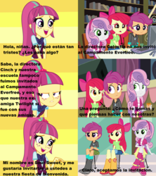 Size: 910x1024 | Tagged: safe, artist:themexicanpunisher, screencap, apple bloom, scootaloo, sour sweet, sweetie belle, equestria girls, g4, clothes, comic, cutie mark crusaders, screencap comic, spanish, translated in the comments