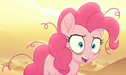 Size: 1299x778 | Tagged: dead source, safe, screencap, pinkie pie, earth pony, pony, g4, my little pony: the movie, crazy face, desert, faic, female, frazzled, freakout, mare, solo, wide eyes