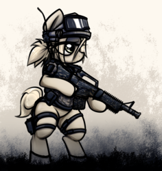 Size: 2244x2380 | Tagged: safe, artist:jetwave, oc, oc only, oc:treasure, earth pony, pony, antennae, ar-15, bipedal, body armor, clothes, female, gear, goggles, gun, hair tie, headgear, helmet, high res, m4a1, military, operator, rifle, solo, tired, weapon