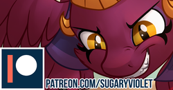 Size: 620x326 | Tagged: safe, artist:sugaryviolet, the sphinx, sphinx, daring done?, g4, grin, macro, patreon, patreon logo, patreon preview, smiling