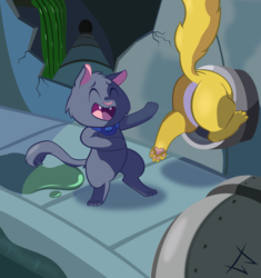 Size: 1500x1596 | Tagged: safe, artist:magerblutooth, oc, oc only, oc:dazzle, oc:peal, cat, comic:diamond and dazzle, barely pony related, butt, buttstuck, laughing, pipe (plumbing), plot, sewer, stuck