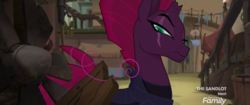 Size: 1920x805 | Tagged: safe, screencap, tempest shadow, pony, g4, my little pony: the movie, discovery family logo, female, hair, implied pinkie pie, mare, raised eyebrow, solo