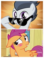 Size: 3106x4096 | Tagged: safe, edit, edited screencap, screencap, rumble, scootaloo, pegasus, pony, g4, marks and recreation, blushing, colt, female, glasses, male, ship:rumbloo, shipping, straight