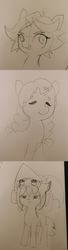 Size: 1440x5290 | Tagged: safe, artist:tjpones, earth pony, pony, unicorn, amanda o'neill, bust, constanze amalie von braunschbank-albrechtsberger, frown, goggles, grayscale, grin, hat, jasminka antonenko, little witch academia, monochrome, ponified, smiling, traditional art, witch hat