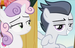 Size: 1024x650 | Tagged: safe, screencap, rumble, sweetie belle, pegasus, pony, g4, marks and recreation, bedroom eyes, bipedal, colt, grin, looking at you, male, smiling