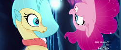 Size: 1366x570 | Tagged: safe, screencap, pinkie pie, princess skystar, earth pony, seapony (g4), g4, my little pony: the movie, blue mane, bubble, bust, discovery family, discovery family logo, duo, eyelashes, female, fin wings, fins, fish tail, flowing mane, freckles, glowing, happy, jewelry, logo, looking at each other, looking at someone, mare, necklace, ocean, open mouth, pearl necklace, pink mane, portrait, scales, seaponified, seapony pinkie pie, seaquestria, seashell necklace, smiling, smiling at each other, species swap, swimming, tail, teeth, underwater, water, wings