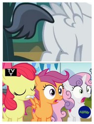 Size: 3106x4096 | Tagged: safe, edit, edited screencap, screencap, apple bloom, rumble, scootaloo, sweetie belle, pegasus, pony, g4, marks and recreation, butt, colt, comic, cutie mark crusaders, discovery family logo, male, plot, rumbloom, screencap comic, shipping, straight, varying degrees of want