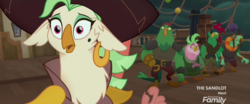 Size: 1920x800 | Tagged: safe, screencap, boyle, captain celaeno, lix spittle, mullet (g4), squabble, parrot pirates, anthro, g4, my little pony: the movie, discovery family logo, pirate, scared
